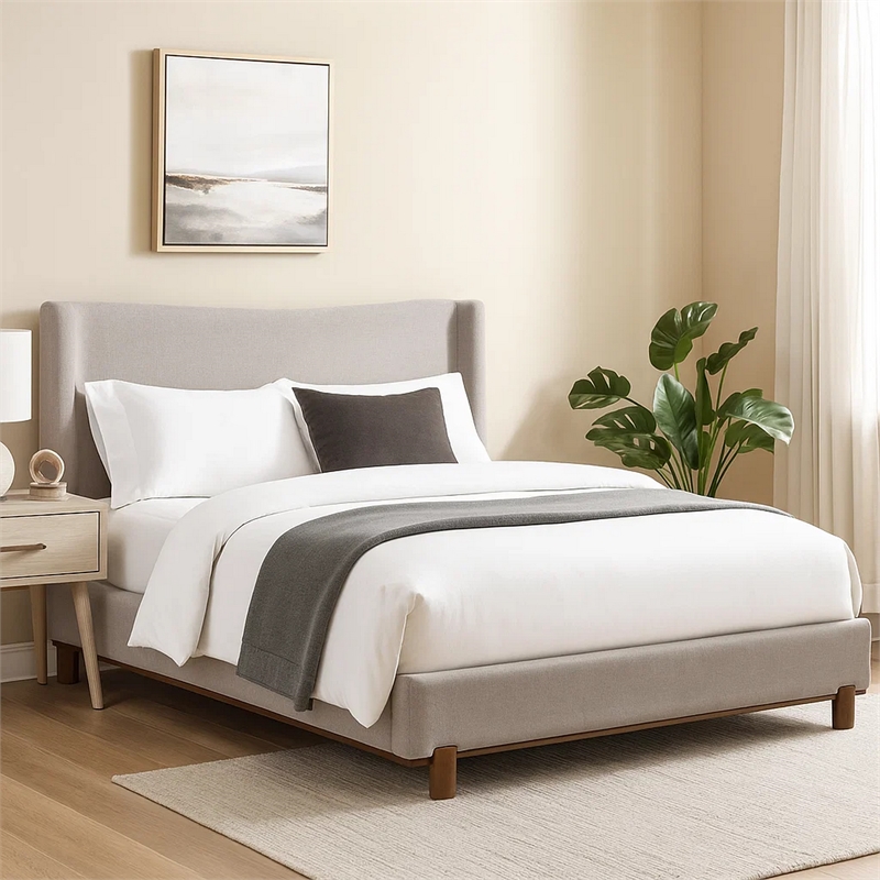 Mely Queen Platform Bed- Wingback Headboard Gray Chenille Upholstery- Brown