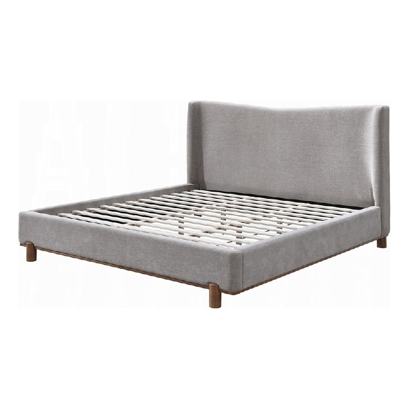 Mely Queen Platform Bed- Wingback Headboard Gray Chenille Upholstery- Brown