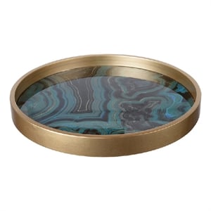 Jemin Decorative Tray with Swirl Patterns- Gold MDF Rim- Blue Glass 18 Inch