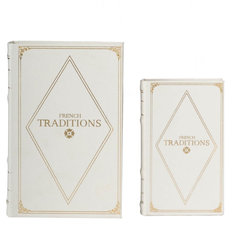 Faux Book Design Storage Boxes Set of 2- White Faux Leather- Gold Accent