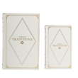 Faux Book Design Storage Boxes Set of 2- White Faux Leather- Gold Accent