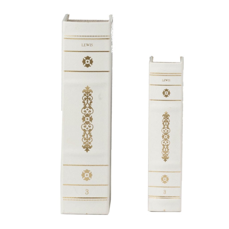 Faux Book Design Storage Boxes Set of 2- White Faux Leather- Gold Accent