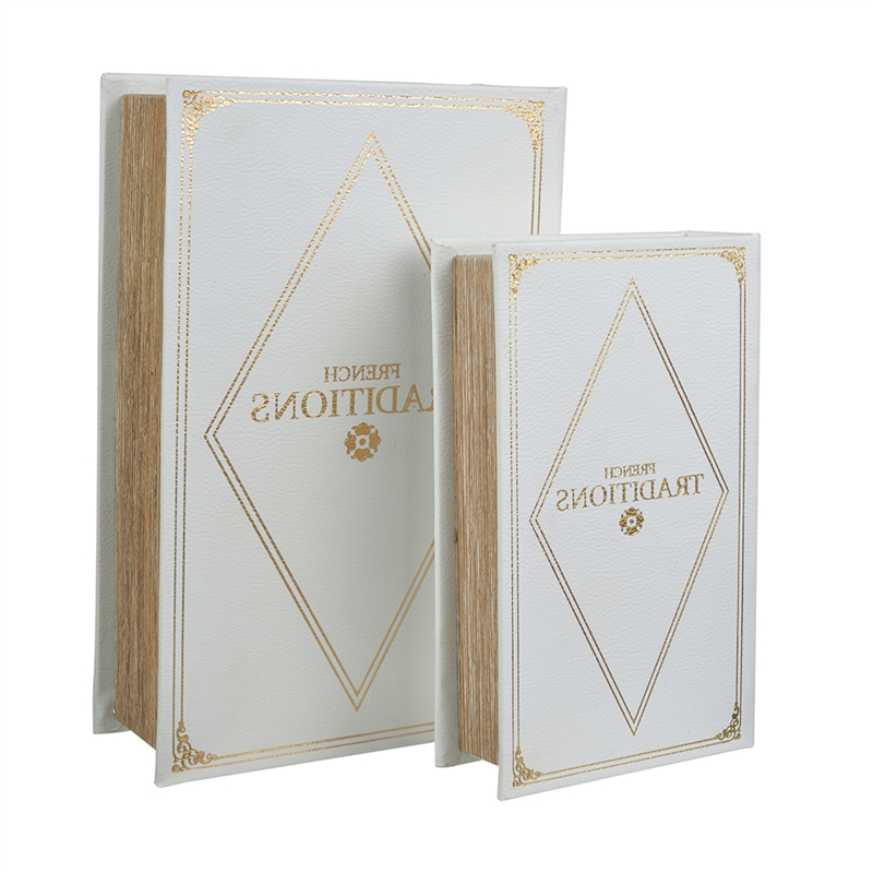 Faux Book Design Storage Boxes Set of 2- White Faux Leather- Gold Accent
