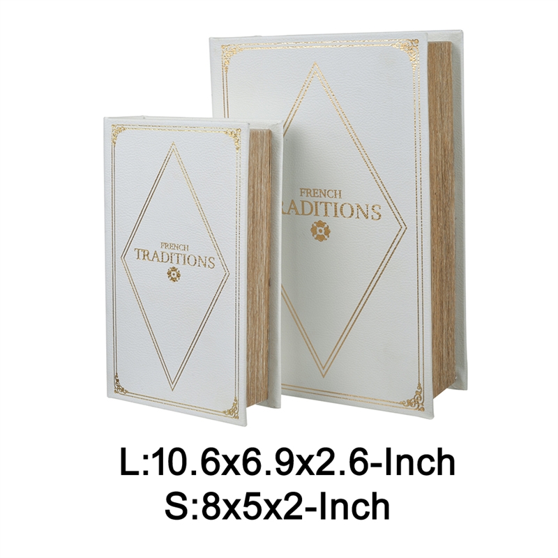 Faux Book Design Storage Boxes Set of 2- White Faux Leather- Gold Accent