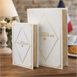 Faux Book Design Storage Boxes Set of 2- White Faux Leather- Gold Accent