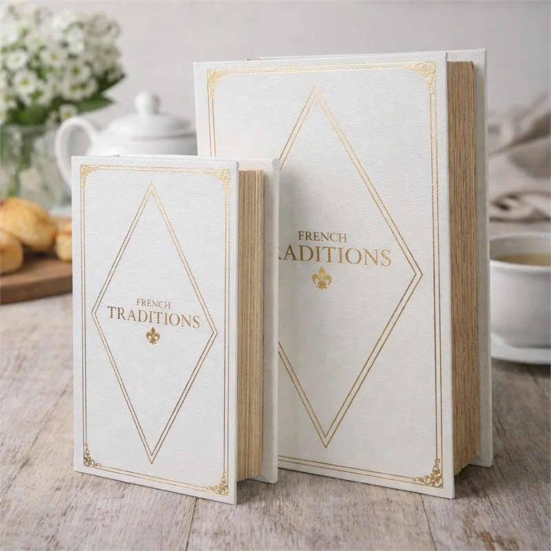 Faux Book Design Storage Boxes Set of 2- White Faux Leather- Gold Accent