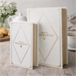 Faux Book Design Storage Boxes Set of 2- White Faux Leather- Gold Accent
