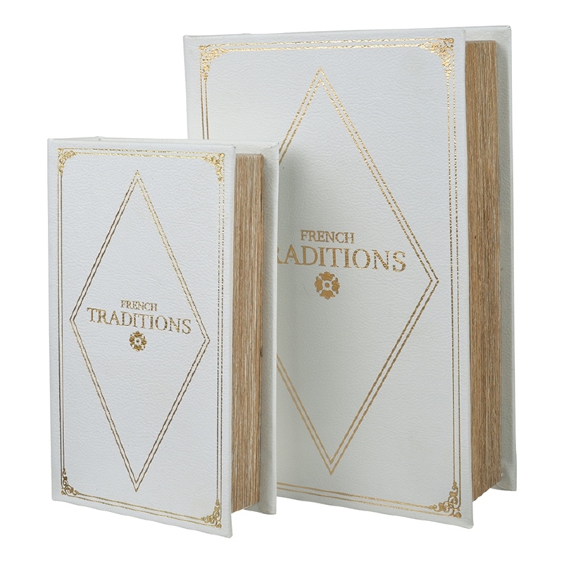 Faux Book Design Storage Boxes Set of 2- White Faux Leather- Gold Accent