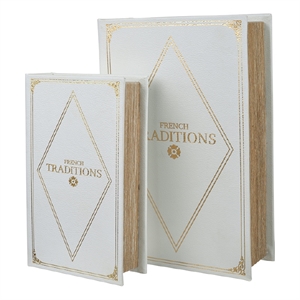 Faux Book Design Storage Boxes Set of 2- White Faux Leather- Gold Accent