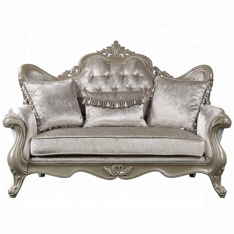 Bertha Baroque Loveseat with 3 Pillows- Tufted Champagne Gray- 70 Inch