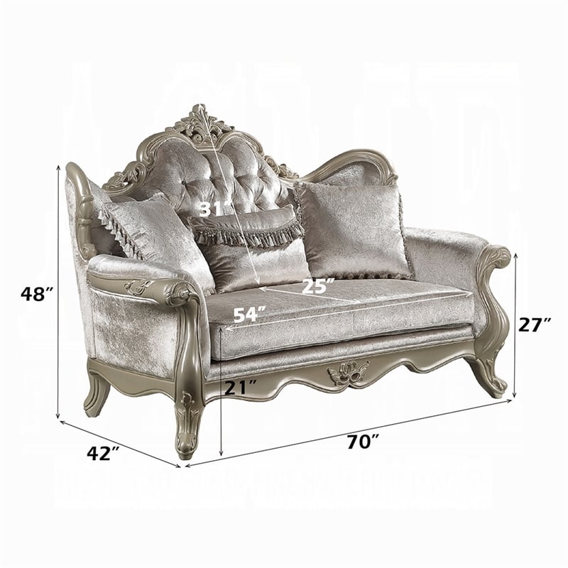 Bertha Baroque Loveseat with 3 Pillows- Tufted Champagne Gray- 70 Inch