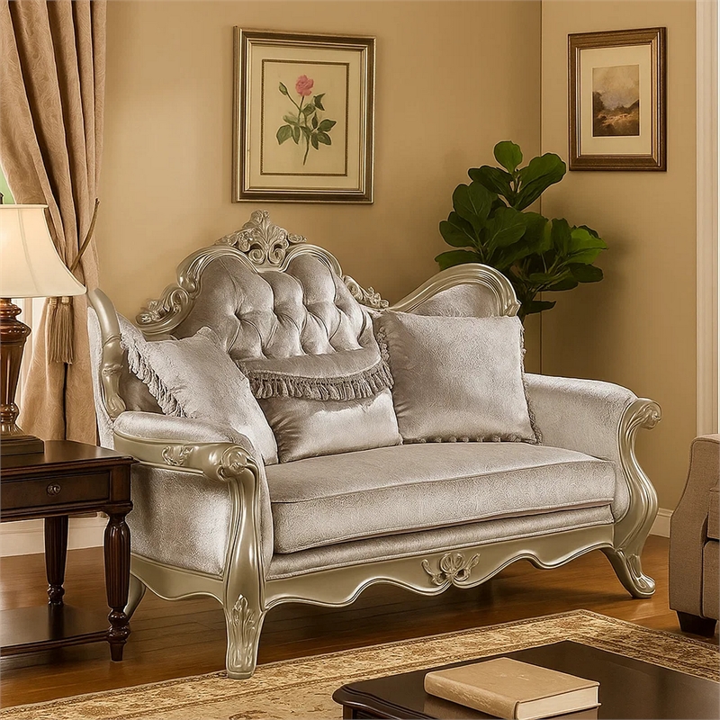 Bertha Baroque Loveseat with 3 Pillows- Tufted Champagne Gray- 70 Inch