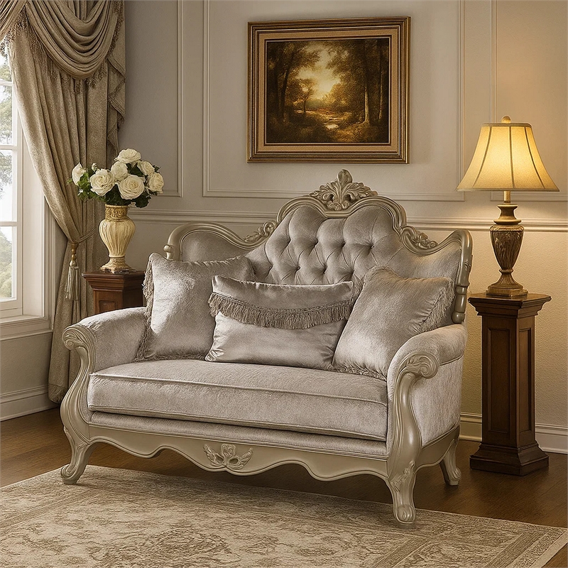 Bertha Baroque Loveseat with 3 Pillows- Tufted Champagne Gray- 70 Inch