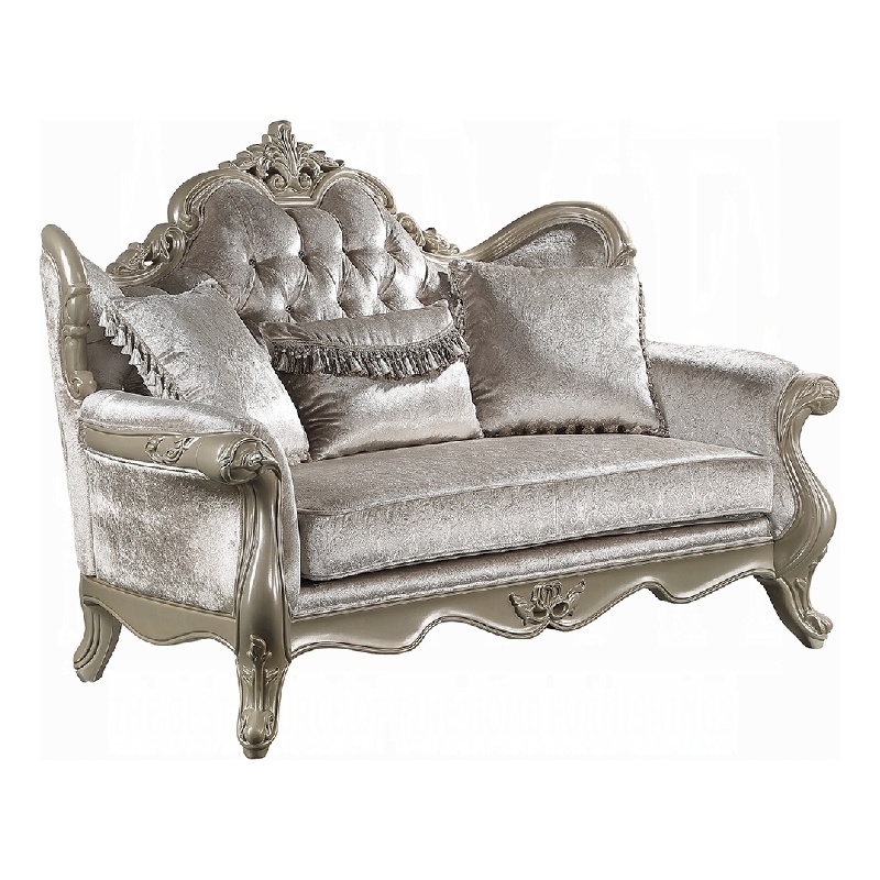 Bertha Baroque Loveseat with 3 Pillows- Tufted Champagne Gray- 70 Inch
