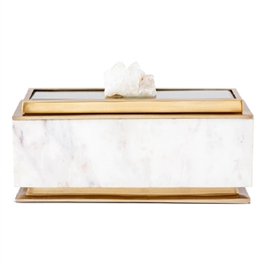 Plushy Decorative Box with Lid- White Marble- Gold Aluminum-Iron 14 Inch