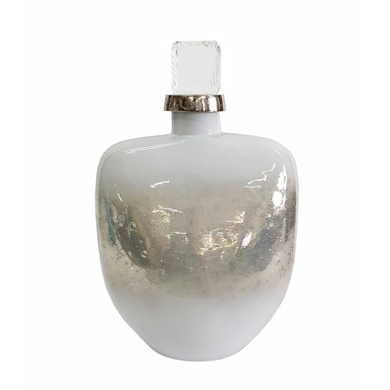 Akky Decorative Bottle with Lid- Aluminum Collar Silver-White Glass 13 Inch