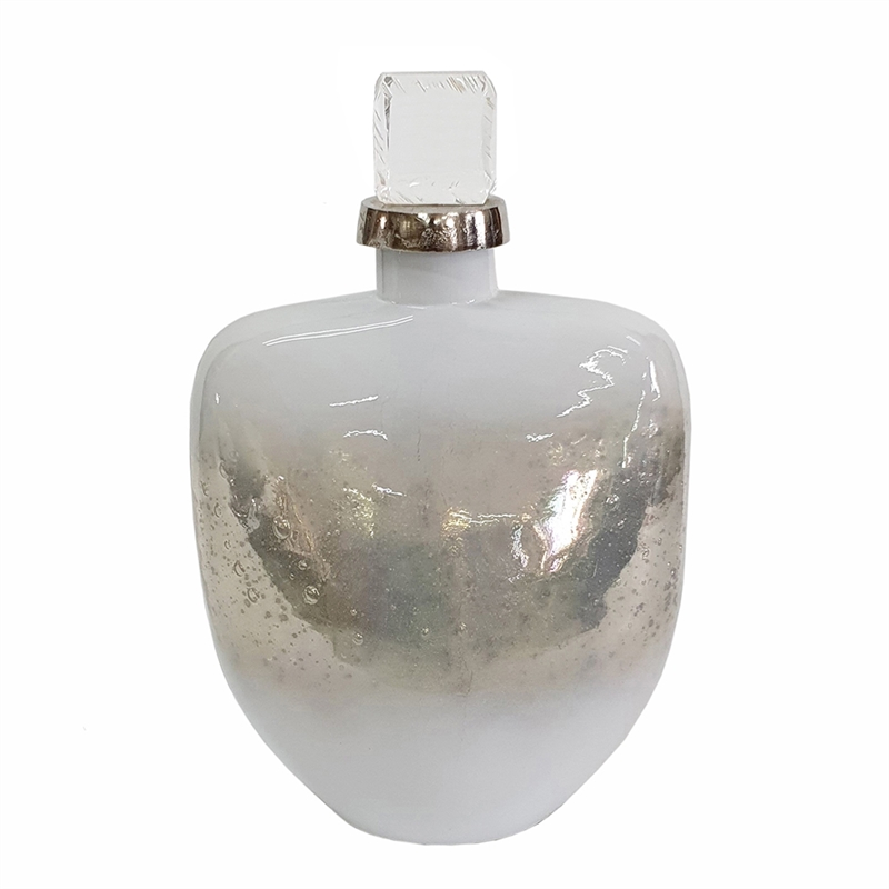 Akky Decorative Bottle with Lid- Aluminum Collar Silver-White Glass 13 Inch