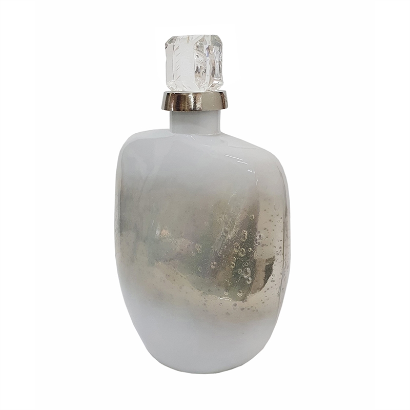Akky Decorative Bottle with Lid- Aluminum Collar Silver-White Glass 13 Inch