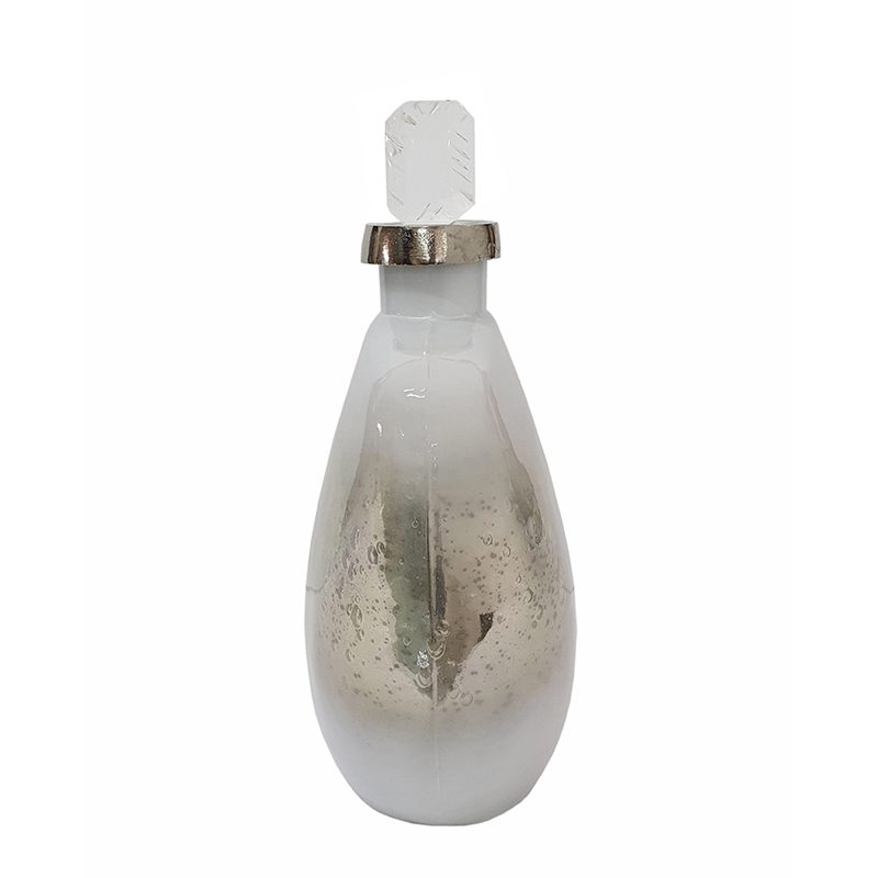 Akky Decorative Bottle with Lid- Aluminum Collar Silver-White Glass 13 Inch