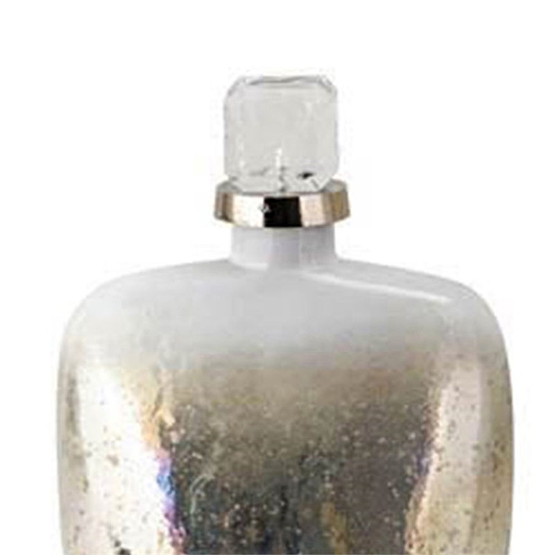 Akky Decorative Bottle with Lid- Aluminum Collar Silver-White Glass 13 Inch