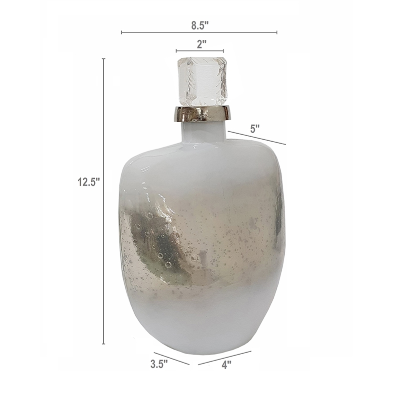 Akky Decorative Bottle with Lid- Aluminum Collar Silver-White Glass 13 Inch