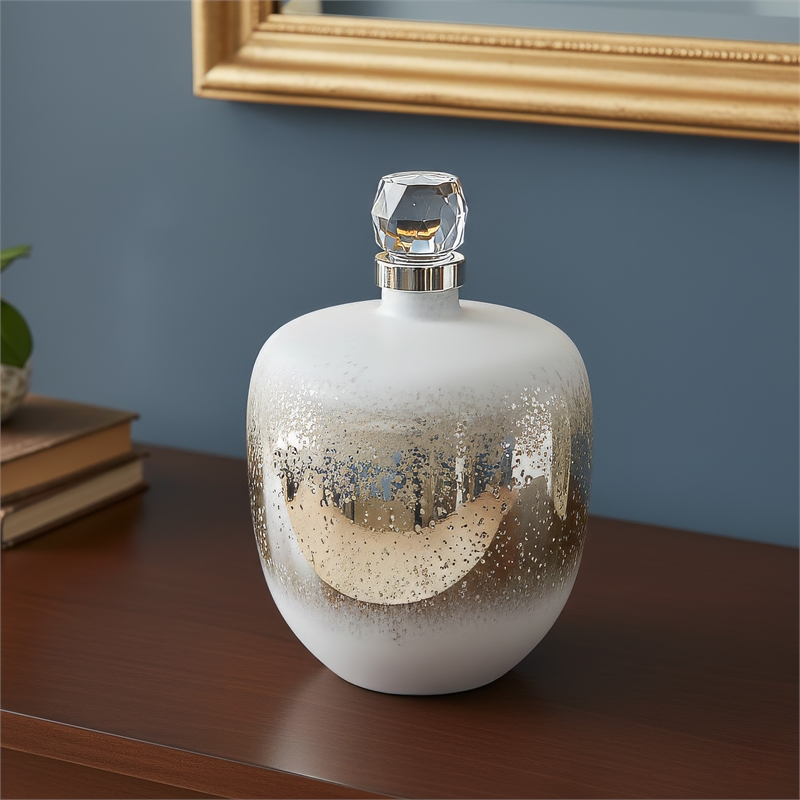 Akky Decorative Bottle with Lid- Aluminum Collar Silver-White Glass 13 Inch