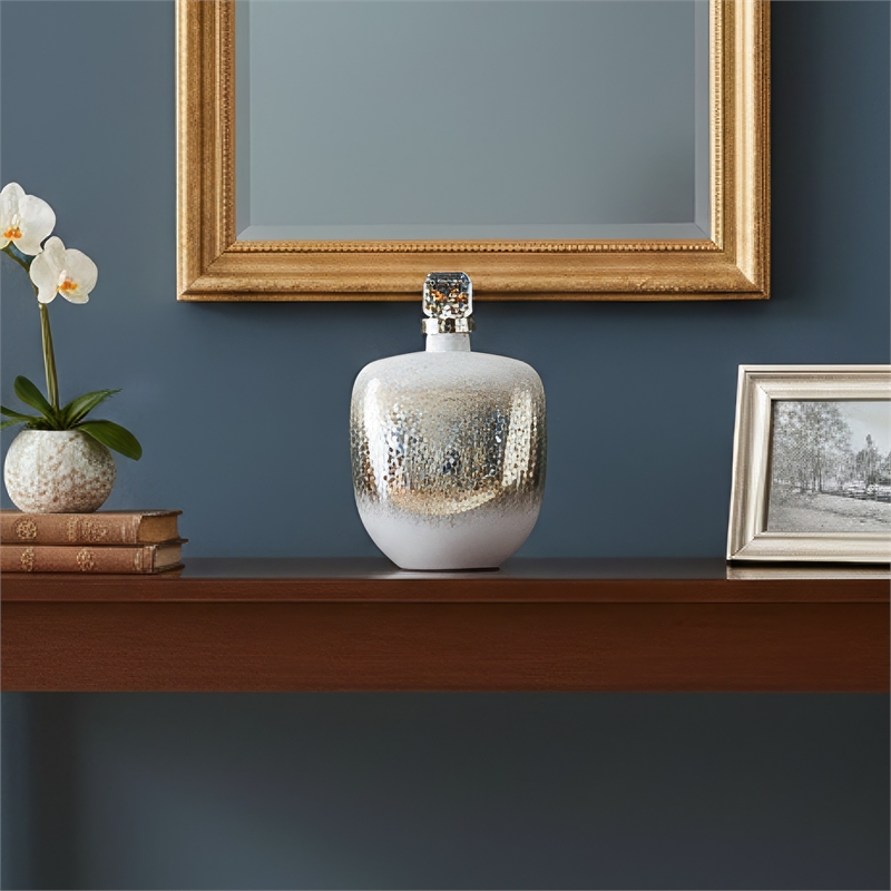 Akky Decorative Bottle with Lid- Aluminum Collar Silver-White Glass 13 Inch