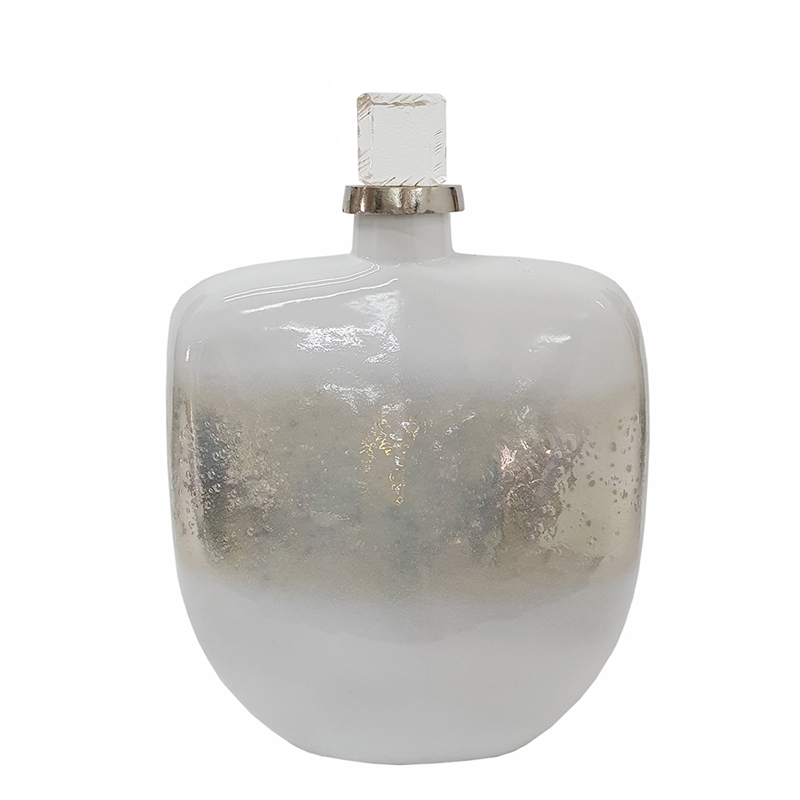 Akky Decorative Bottle with Lid- Aluminum Collar Silver-White Glass 16 Inch