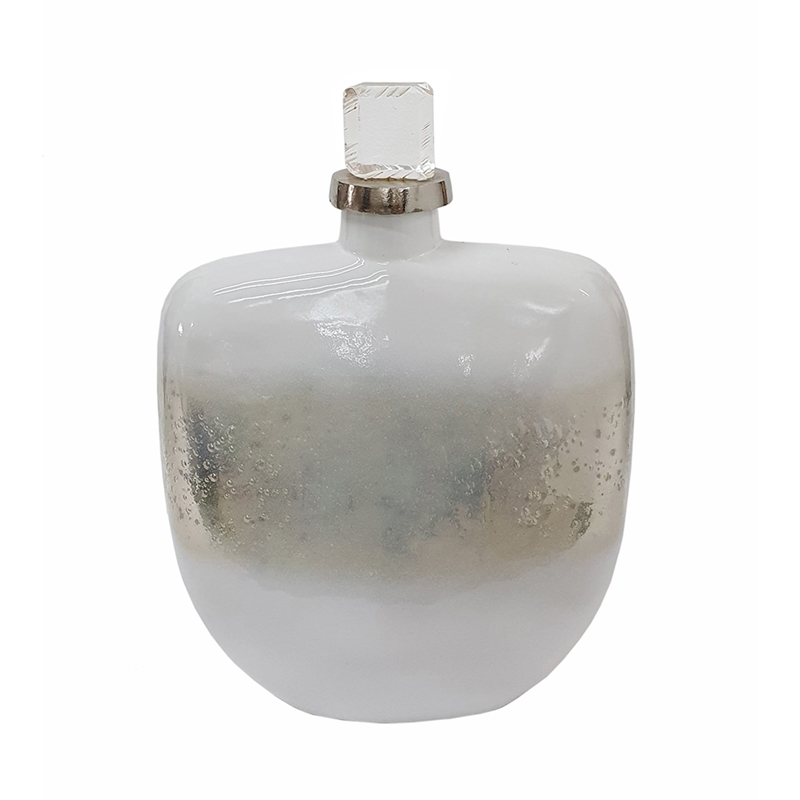 Akky Decorative Bottle with Lid- Aluminum Collar Silver-White Glass 16 Inch