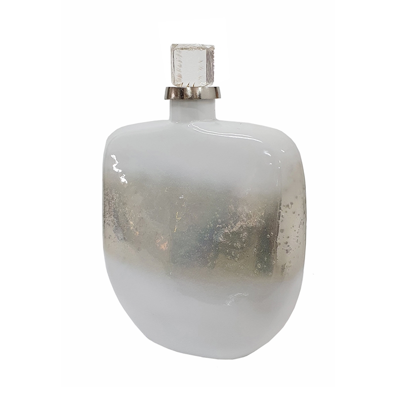 Akky Decorative Bottle with Lid- Aluminum Collar Silver-White Glass 16 Inch