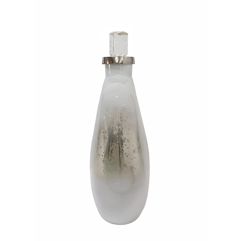 Akky Decorative Bottle with Lid- Aluminum Collar Silver-White Glass 16 Inch