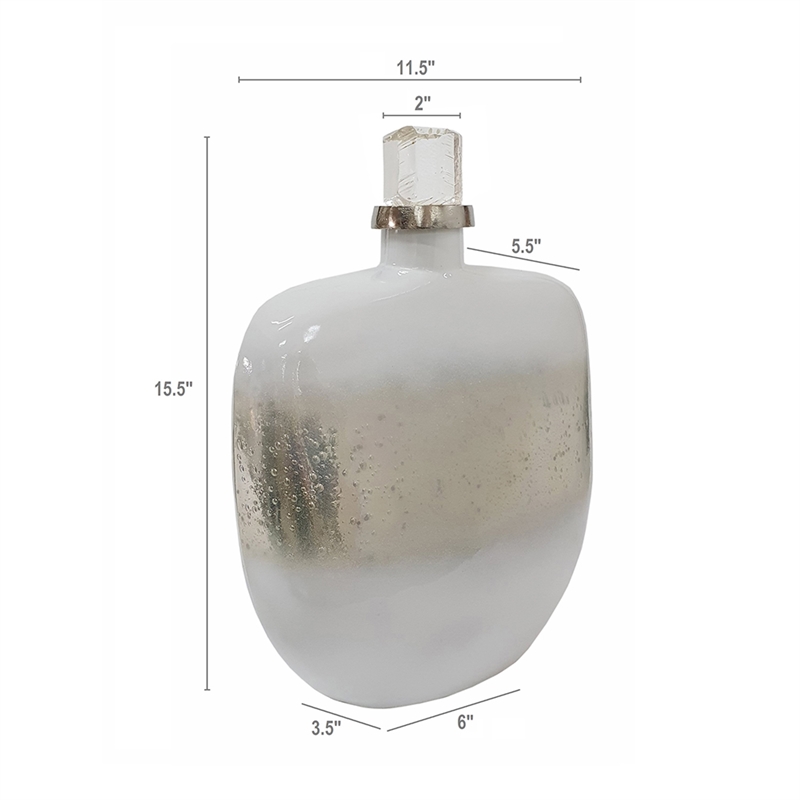 Akky Decorative Bottle with Lid- Aluminum Collar Silver-White Glass 16 Inch