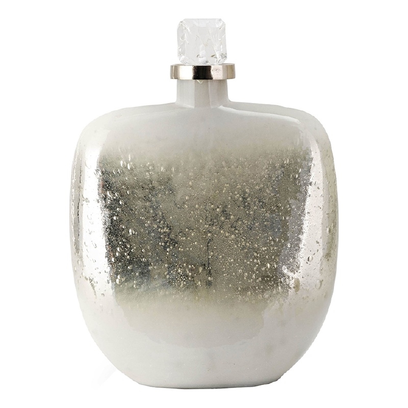 Akky Decorative Bottle with Lid- Aluminum Collar Silver-White Glass 16 Inch