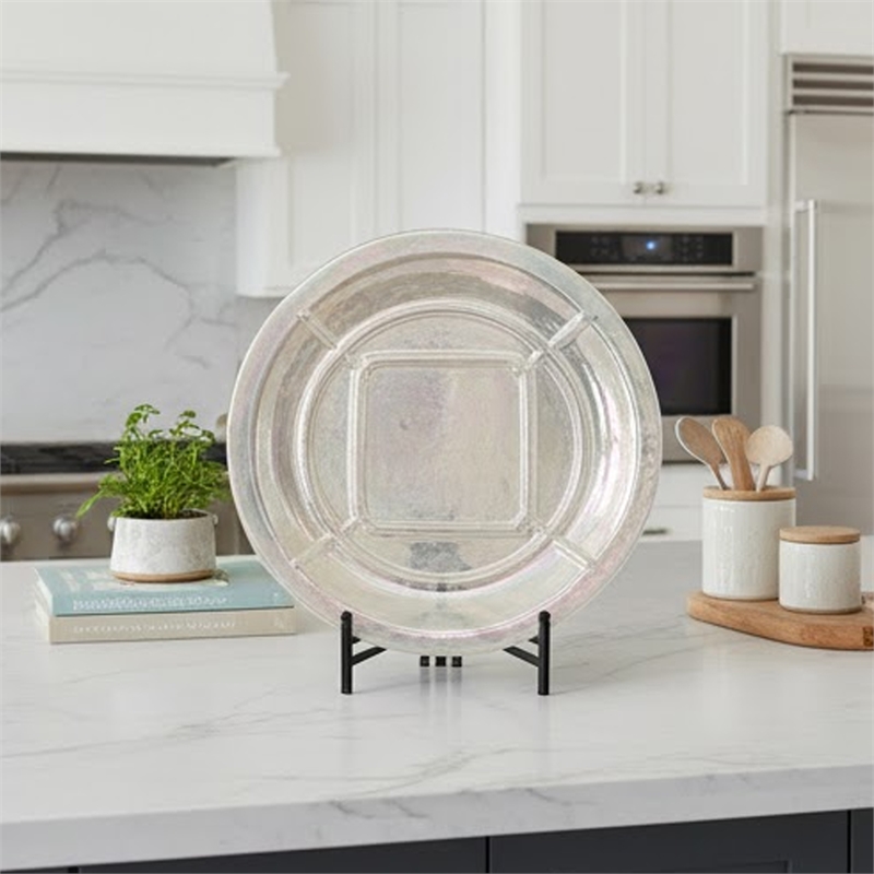 Dutch Charger Plate with Stand- Iridescent Glaze Cream Ceramic 18 Inch