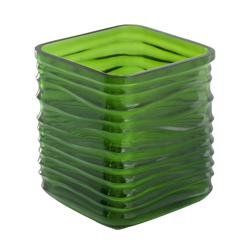 Decorative Vase- Square Shaped Rippled Texture- Green Resin 9 Inch