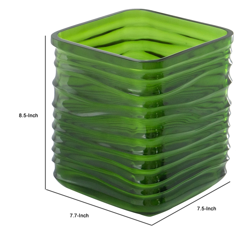 Decorative Vase- Square Shaped Rippled Texture- Green Resin 9 Inch