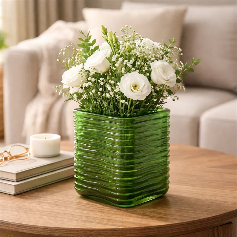 Decorative Vase- Square Shaped Rippled Texture- Green Resin 9 Inch