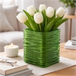 Decorative Vase- Square Shaped Rippled Texture- Green Resin 9 Inch