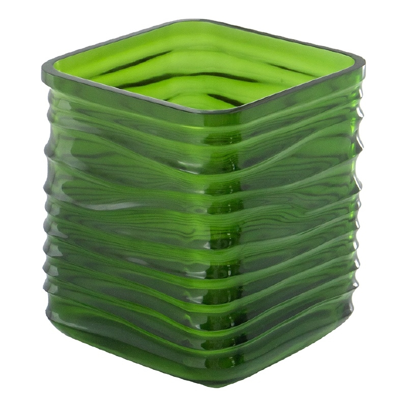 Decorative Vase- Square Shaped Rippled Texture- Green Resin 9 Inch