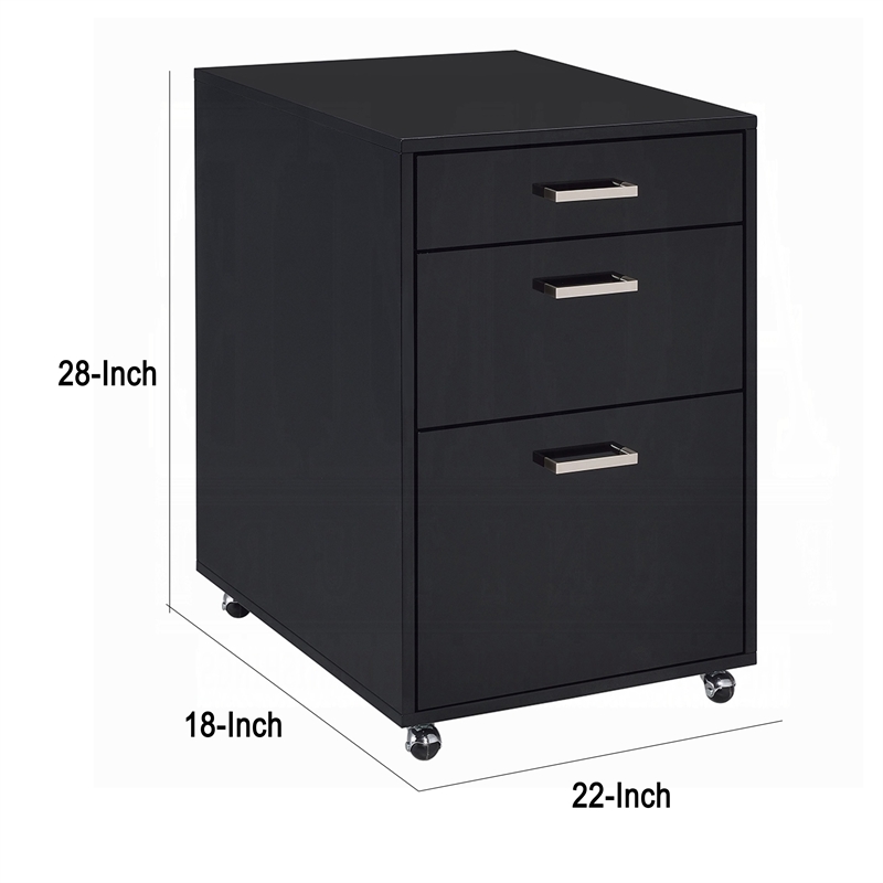 Bard File Cabinet- 3 Drawers with Chrome Metal Handles- Black High Gloss