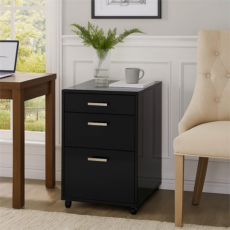 Bard File Cabinet- 3 Drawers with Chrome Metal Handles- Black High Gloss
