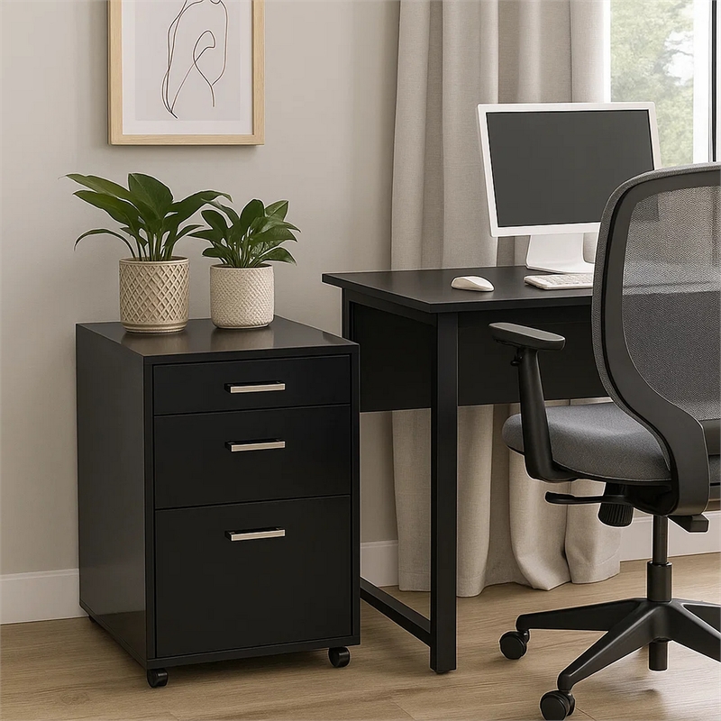 Bard File Cabinet- 3 Drawers with Chrome Metal Handles- Black High Gloss