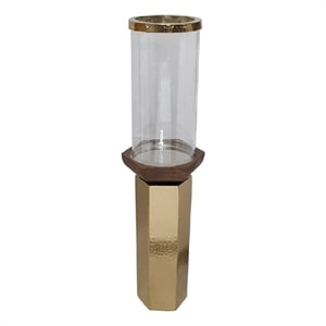 Gemo Hurricane Candle Holder with Gold Base- Mango Wood Accent 20 Inch