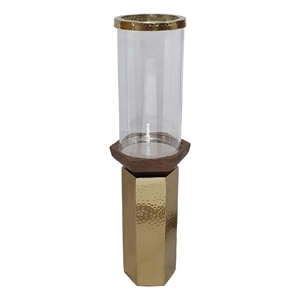 Gemo Hurricane Candle Holder with Gold Base- Mango Wood Accent 18 Inch