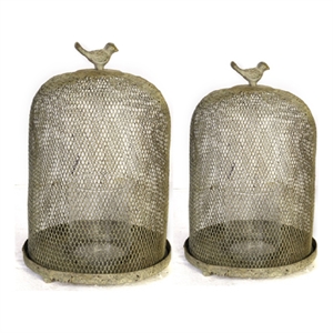 Vintage Candle Holder Set of 2- Sparrow Accent Mesh Dome Design- Gray