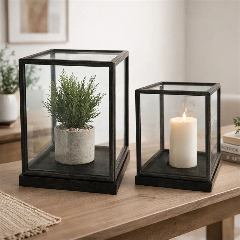 Jeny Display Box Set of 2- Square Clear Glass with Black Fir Wood Frame