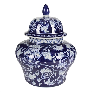 Lina Ginger Jar- Floral and Scroll Design- Blue and White Porcelain 17 Inch