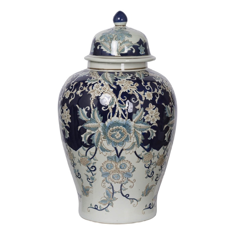Rayn Ginger Jar with Lid- Blue White Chinoiserie Art- 23 Inch Porcelain