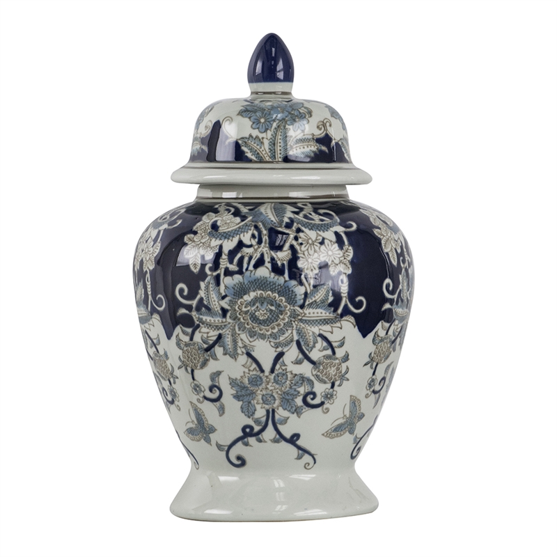 Rayn Ginger Jar with Lid- Blue White Chinoiserie Art- 17 Inch Porcelain