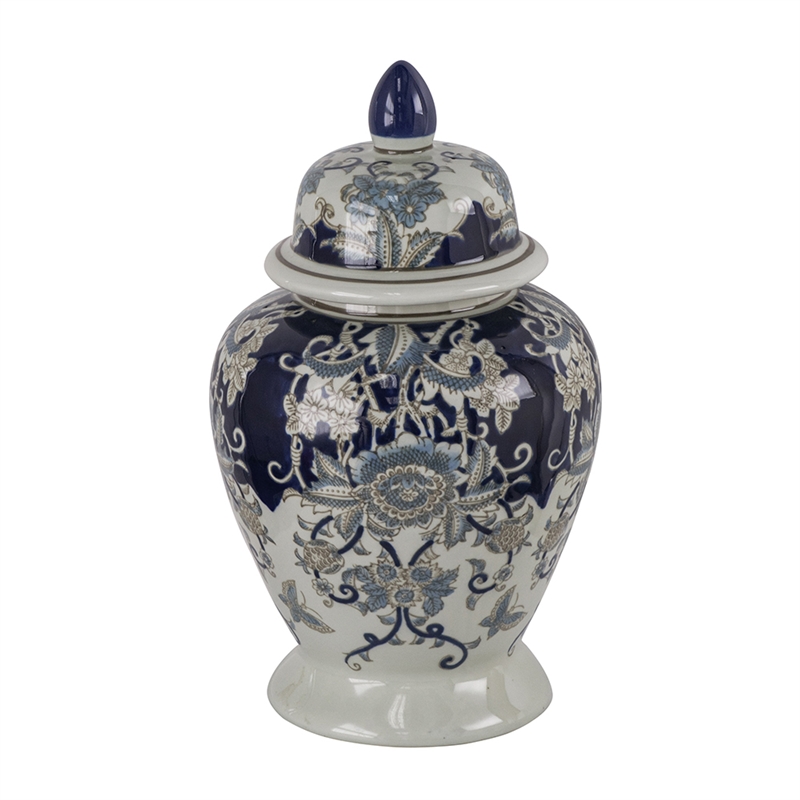Rayn Ginger Jar with Lid- Blue White Chinoiserie Art- 17 Inch Porcelain